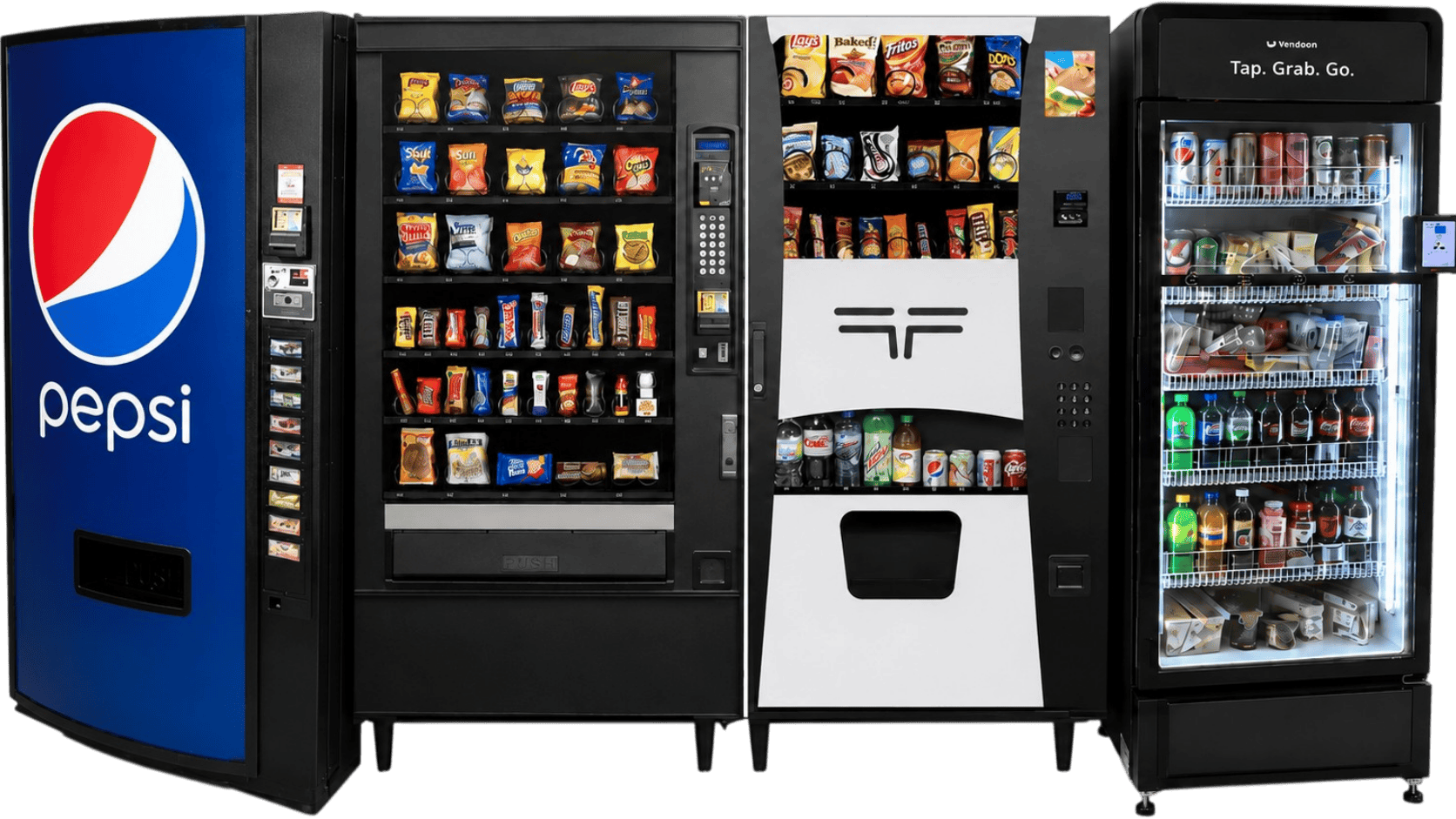 Drink, snack and combo vending machines and a Vendera AI smart cooler sold by Louisiana Vending